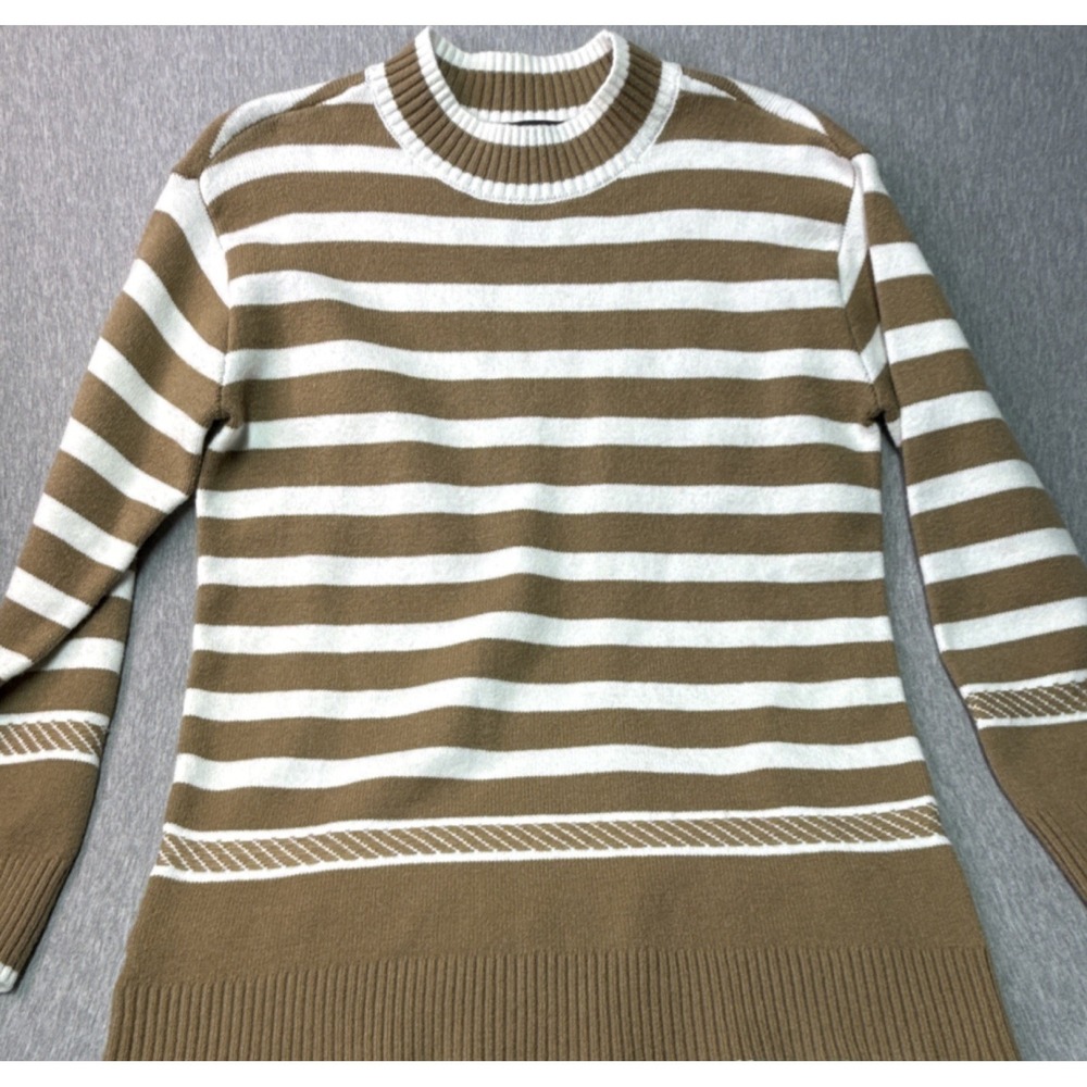Ann Taylor Striped Knit Pullover Sweater Brown White Ribbed Crew Neck Women's S